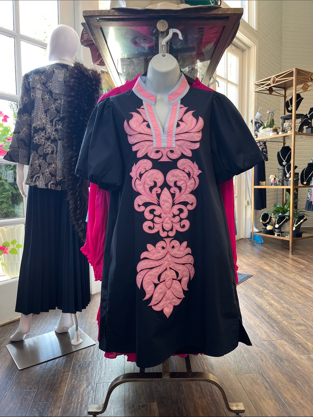 TAS95279 Navy Dress with Pink Embroidered Front